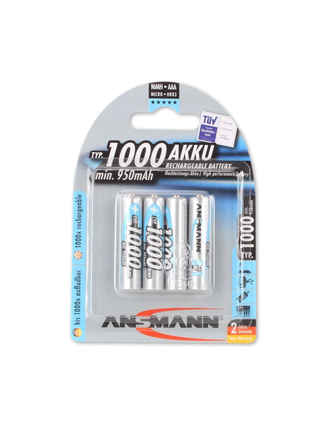 Lot de 4 piles AAA LR03 rechargeables en USB-C Ansmann - 500