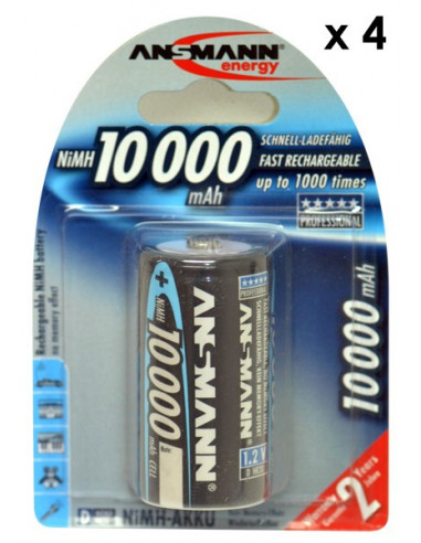Lot de 4 accumulateurs / batterie LR20 (D) rechargeables Ansmann 10000 mAH NiMH