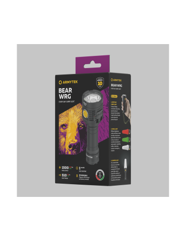 Lampe torche Armytek BEAR WRG lumière blanche/rouge/verte 1500 lumens - Accu 21700 5000 mAh inclus + chargeur USB