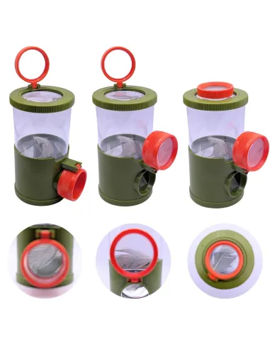 Boîte-loupe à insectes - Vue de dessus, côté et dessous (grossissement x2, x3 et x4)