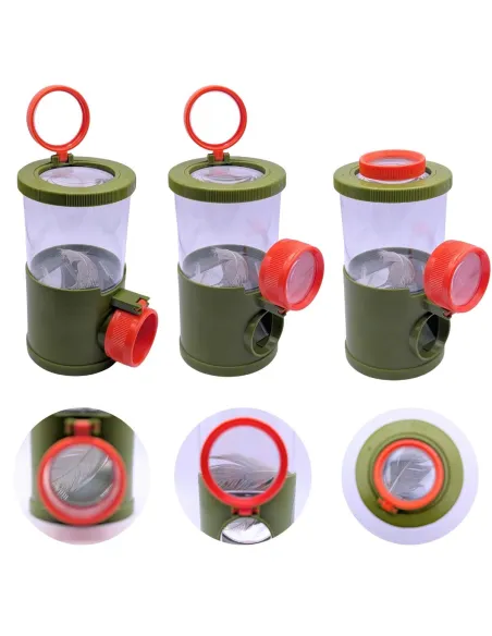 Boîte-loupe à insectes - Vue de dessus, côté et dessous (grossissement x2, x3 et x4)